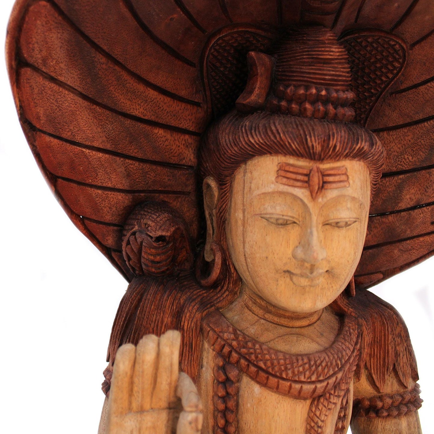 Alt-Tag: Suarholz-Statue Shiva – 50CM handgeschnitzte balinesische Holzstatue, Nahaufnahme mit ruhigem Gesicht und detailreichem Kopfschmuck
