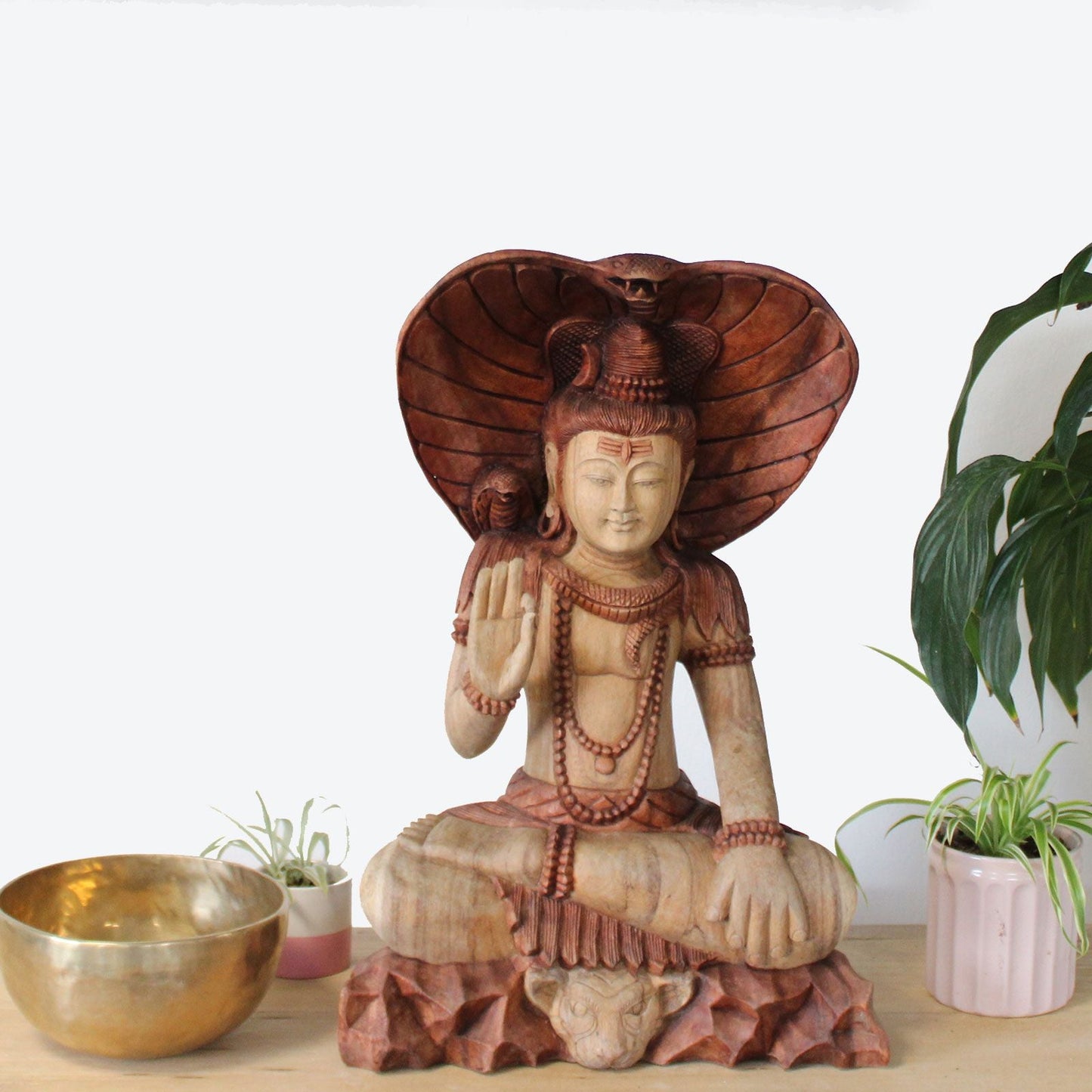 Alt-Tag: Shiva-Statue aus Suarholz – 50CM handgeschnitzte balinesische Holzstatue, sitzend in Meditation mit Kobrakapuze