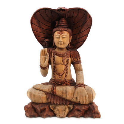 Suar-Holz Shiva-Statue – 50CM handgeschnitzte balinesische Shiva-Figur aus Suar-Holz in sitzender Meditation, mit Kobra-Kapuze und Segenshand
