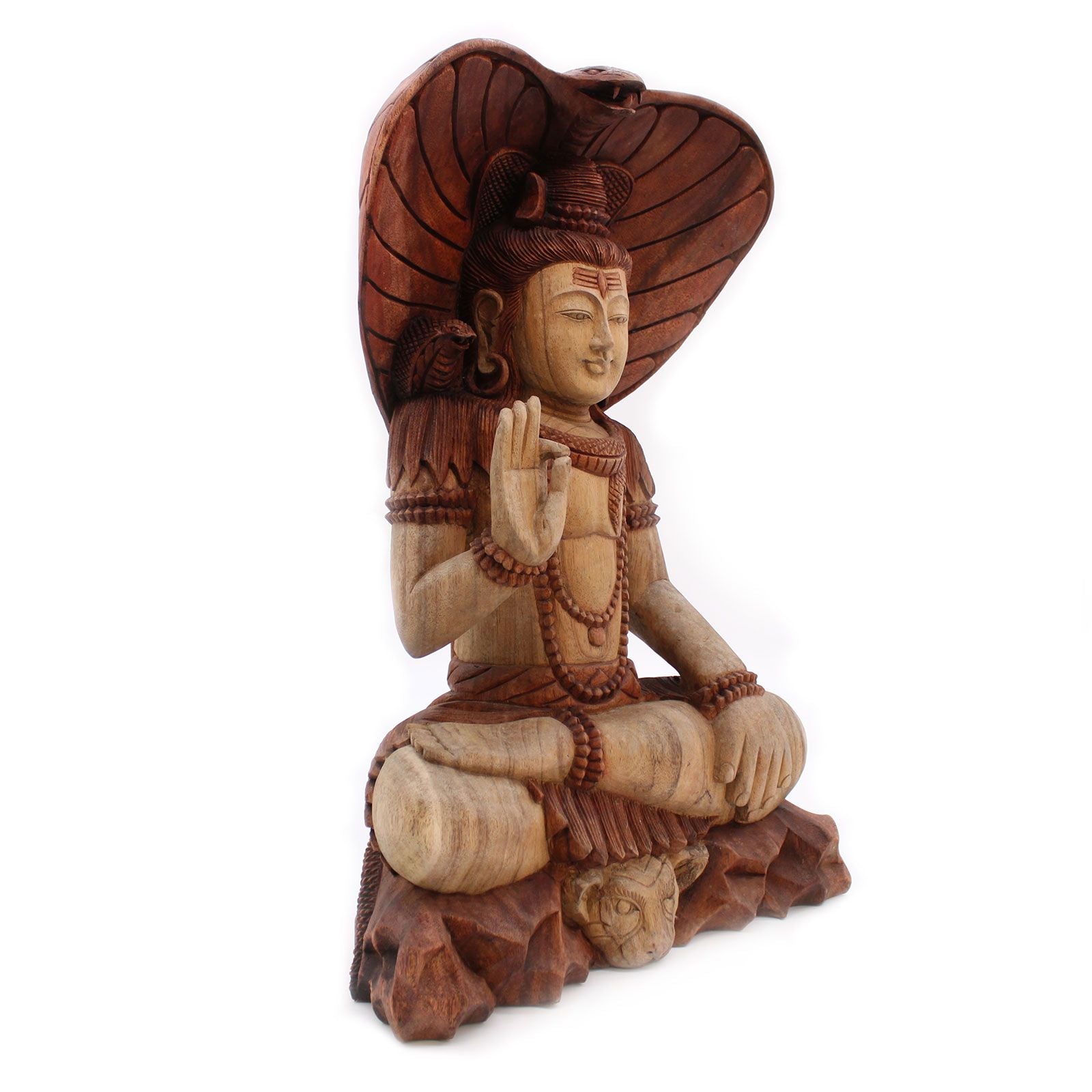 Alt-Tag: Shiva-Statue aus Suarholz – 50CM, handgeschnitzte balinesische Shiva-Figur aus Suarholz im Sitzen mit erhobener Hand, detailreiche Schnitzarbeit