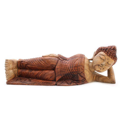 Sovande Buddha-staty i suarträ – 50CM handskuren liggande Buddha-skulptur i suarträ, rofylld heminredning