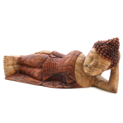 Alt Tag: Sovande Buddha-staty i suarträ – 50CM handskuren, liggande Buddha-dekorationsstaty i suarträ, detaljerad finish