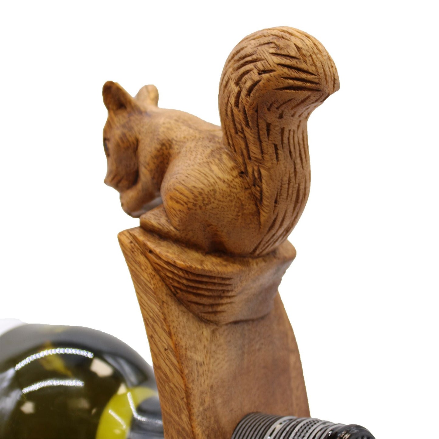 Suar Wood Squirrel Bottle Holder – 6x20x27 CM handcrafted Suar wood squirrel wine bottle holder from Indonesia, close-up