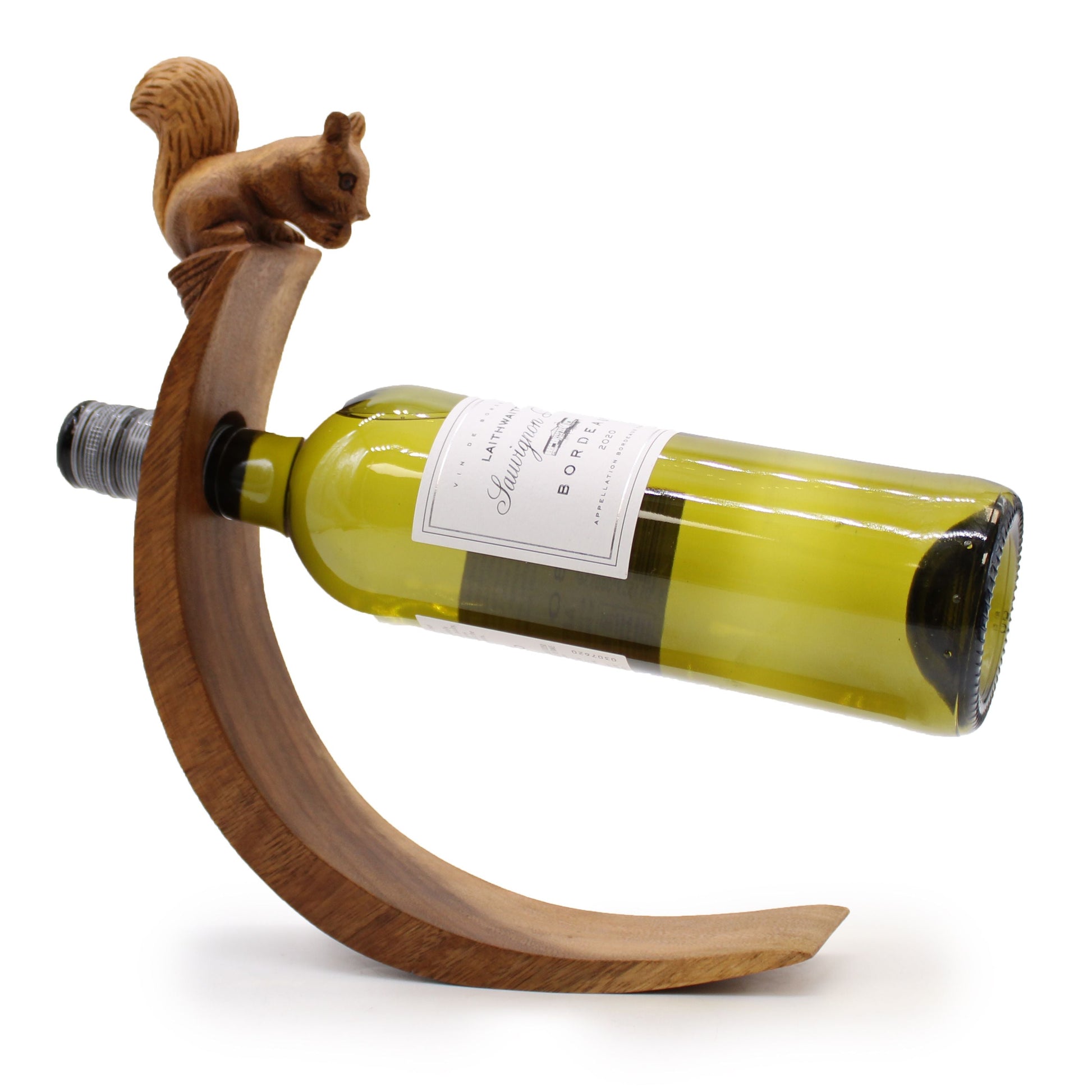 Suar Wood Squirrel Bottle Holder – 6x20x27 CM handmade suar wood squirrel wine bottle holder balancing a bottle