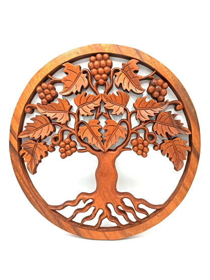 Alt Tag: Suar Wood Tree of Life Grapes Panel – 40 CM, panel redondo de madera de suar tallado a mano con árbol de la vida y racimos de uvas
