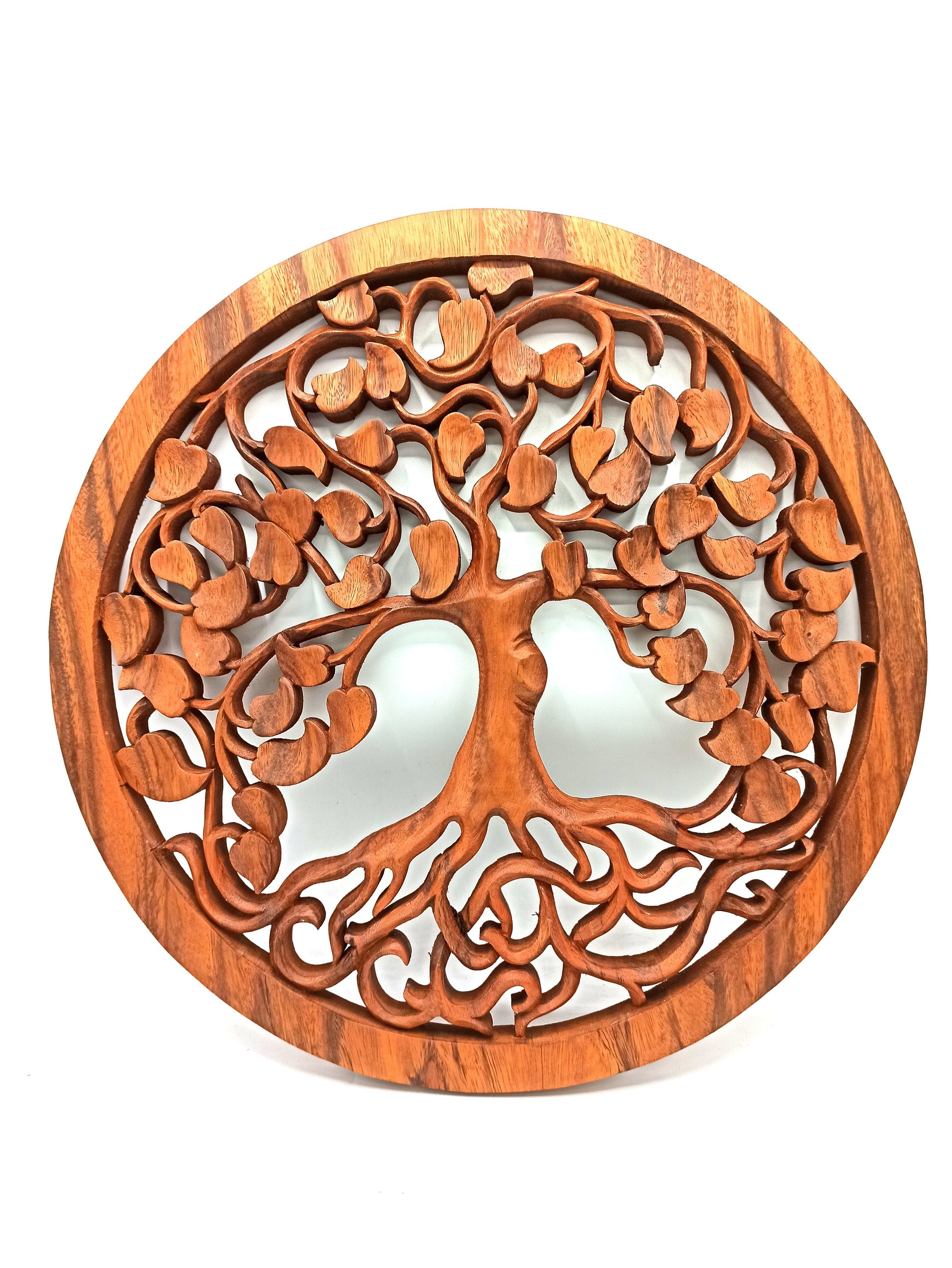 Alt Tag: Suar Wood Tree of Life Wall Panel – 40CM hand-carved round suar wood wall decor panel with tree and roots design