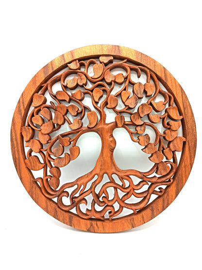 Alt Tag: Suar Wood Tree of Life Wall Panel – 40CM hand-carved round suar wood wall decor panel with tree and roots design
