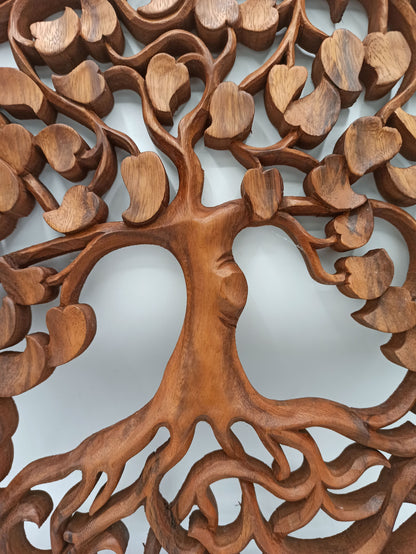 Suar Wood Tree of Life Wall Panel – 40CM, panel decorativo de madera suar tallado a mano con diseño árbol de la vida