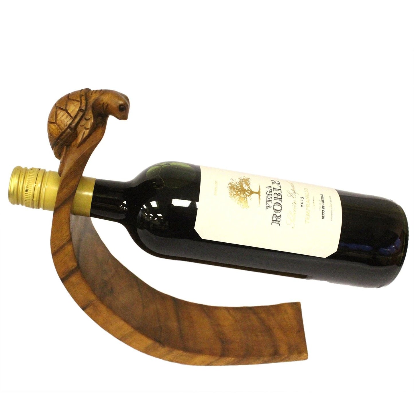 Suar Wood Turtle Balance Bottle Holder – 26 CM, turtle-shaped suar wood wine bottle holder balancing a wine bottle