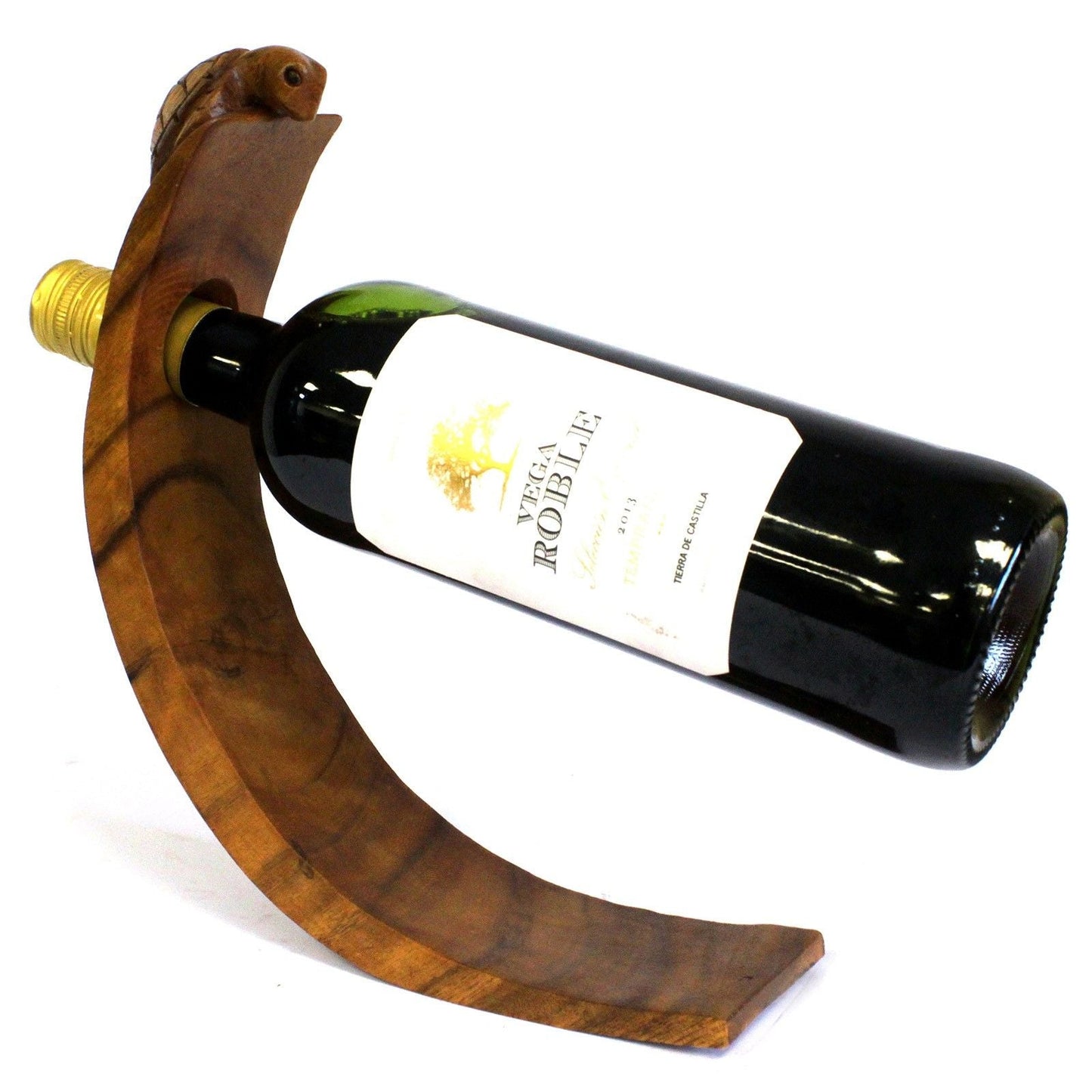 Suar Wood Turtle Balance Bottle Holder – 26 CM turtle-shaped Suar wood wine bottle holder stand balancing a bottle