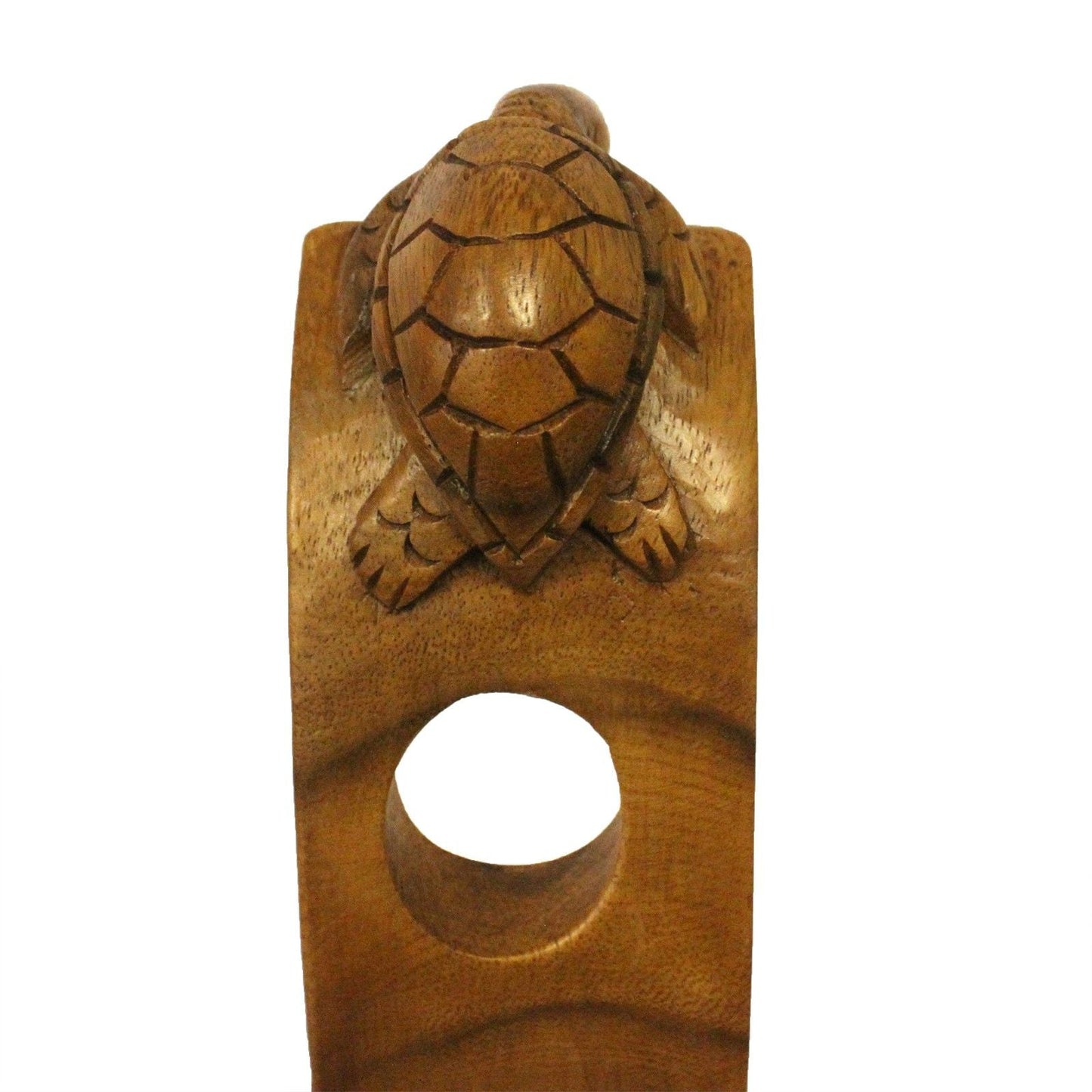 Alt Tag: Suar Wood Turtle Balance Bottle Holder – 26 CM carved suar wood turtle wine bottle holder stand, top view