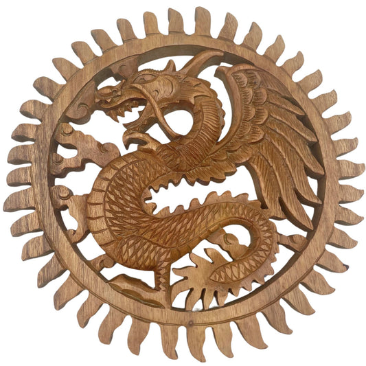 Suar Wood Winged Sun Dragon Panel – 30CM, panel de pared redondo de madera suar tallada con dragón alado y diseño de sol