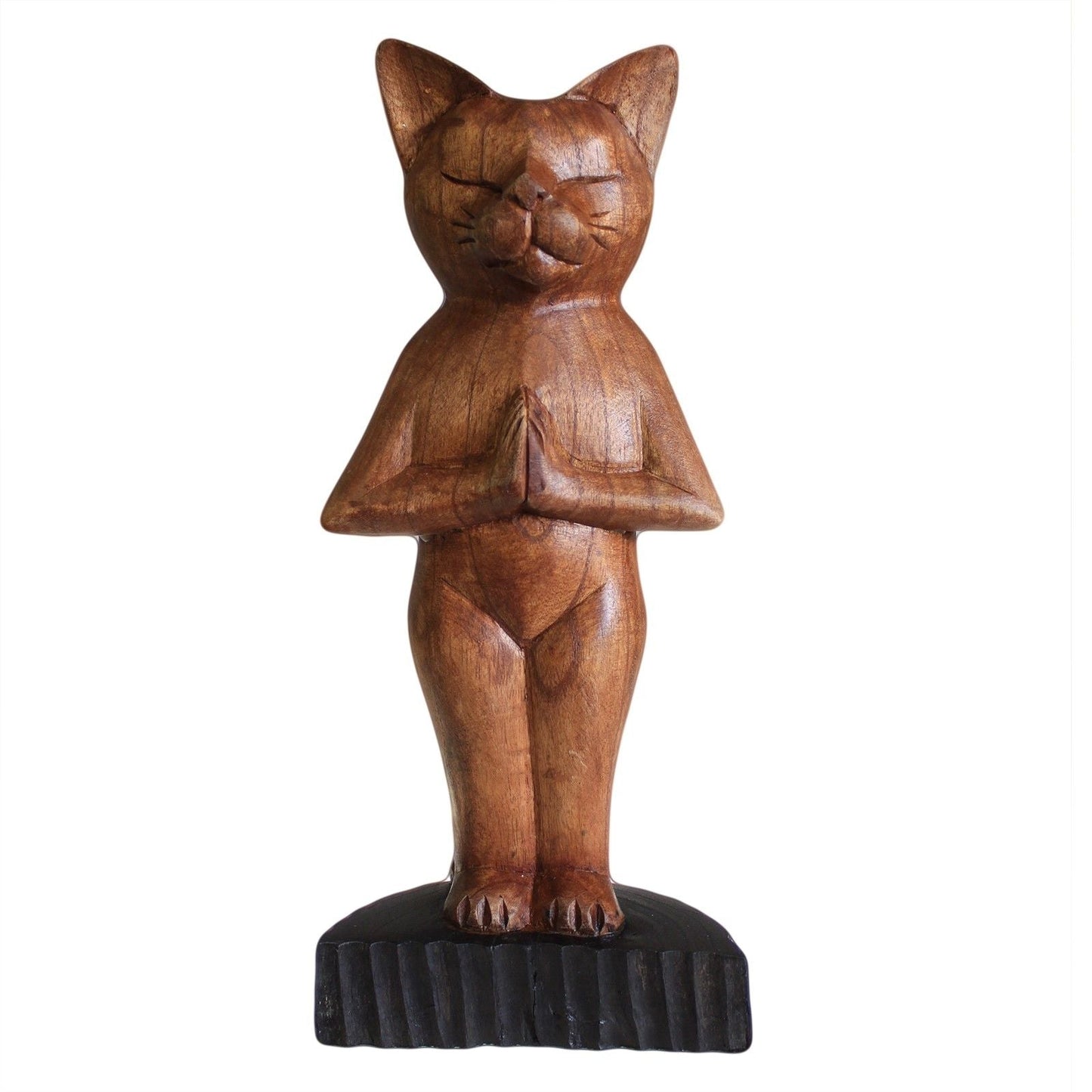 Alt Tag: Suar Wood Yoga Cat Sculpture – Standing 31CM hand-carved suar wood cat figurine in standing prayer pose on base