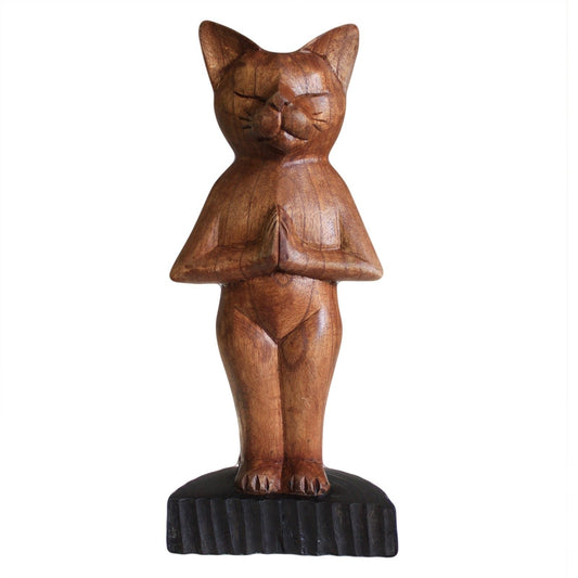 Alt Tag: Suar Wood Yoga Cat Sculpture – Standing 31CM hand-carved suar wood cat figurine in standing prayer pose on base