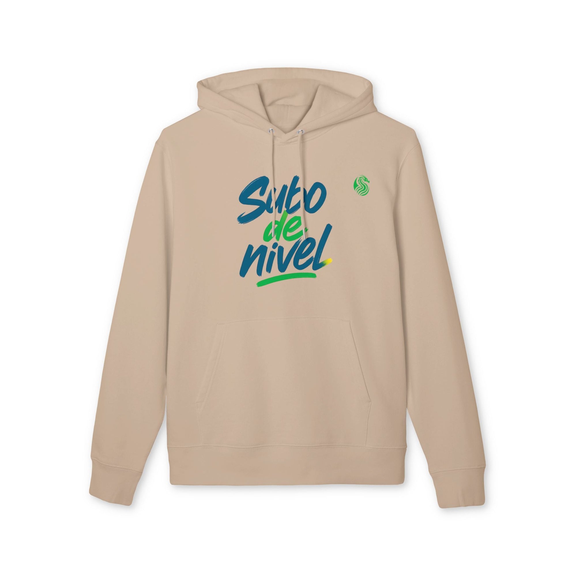 Subo Nivel Drix Premium Unisex Hoodie beige de algodón orgánico con capucha, bolsillo canguro y gráfico “subo de nivel” al frente