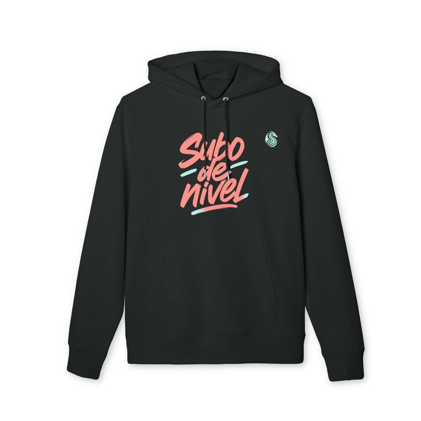 Alt Tag: Subo Nivel Drix Premium Unisex Hoodie black organic cotton pullover hoodie with "Subo de nivel" graphic on front