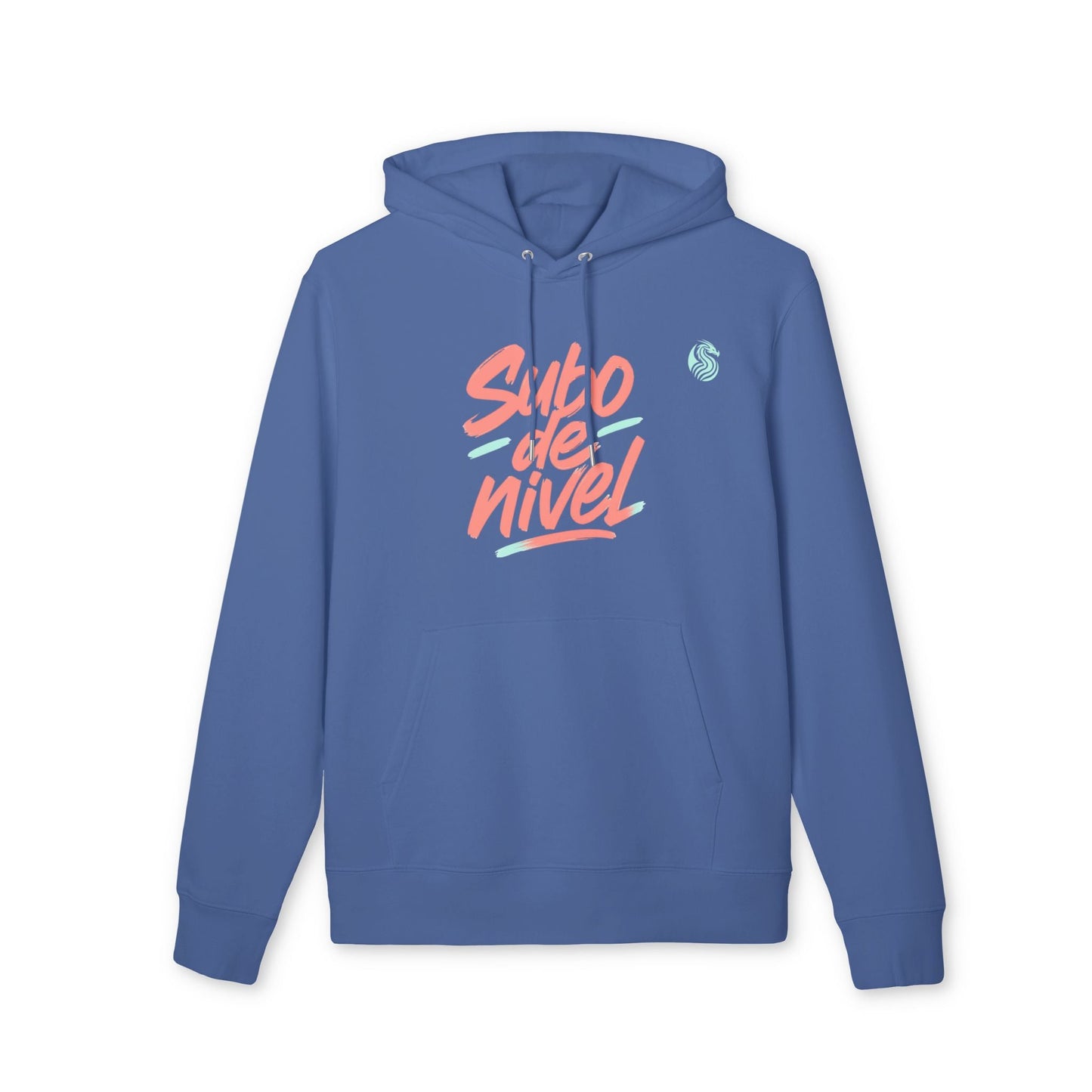 Alt Tag: Subo Nivel Drix Premium Unisex Hoodie in blue organic cotton with hood and front “Subo de nivel” graphic print