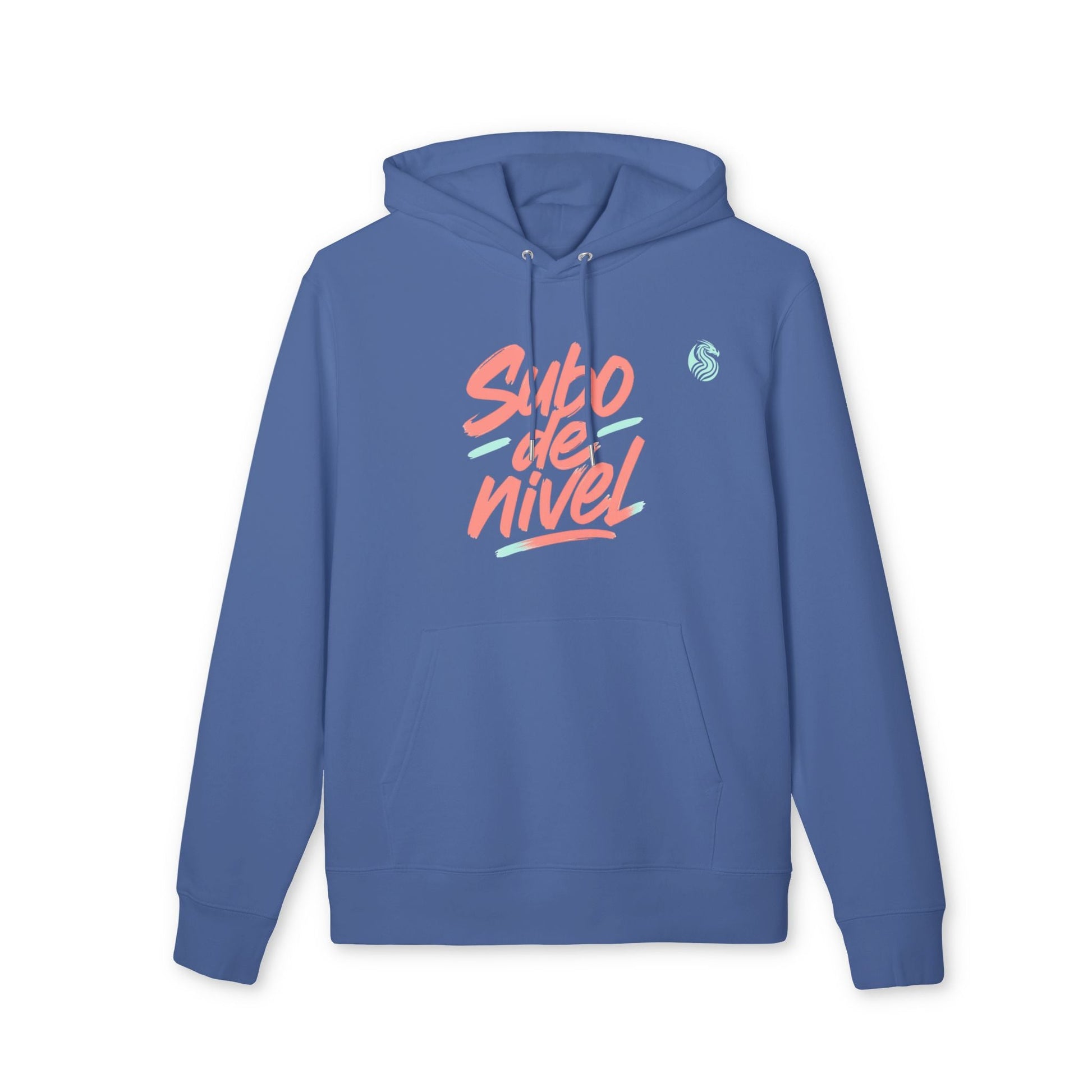 Alt Tag: Subo Nivel Drix Premium Unisex Hoodie in blue organic cotton with hood and front “Subo de nivel” graphic print