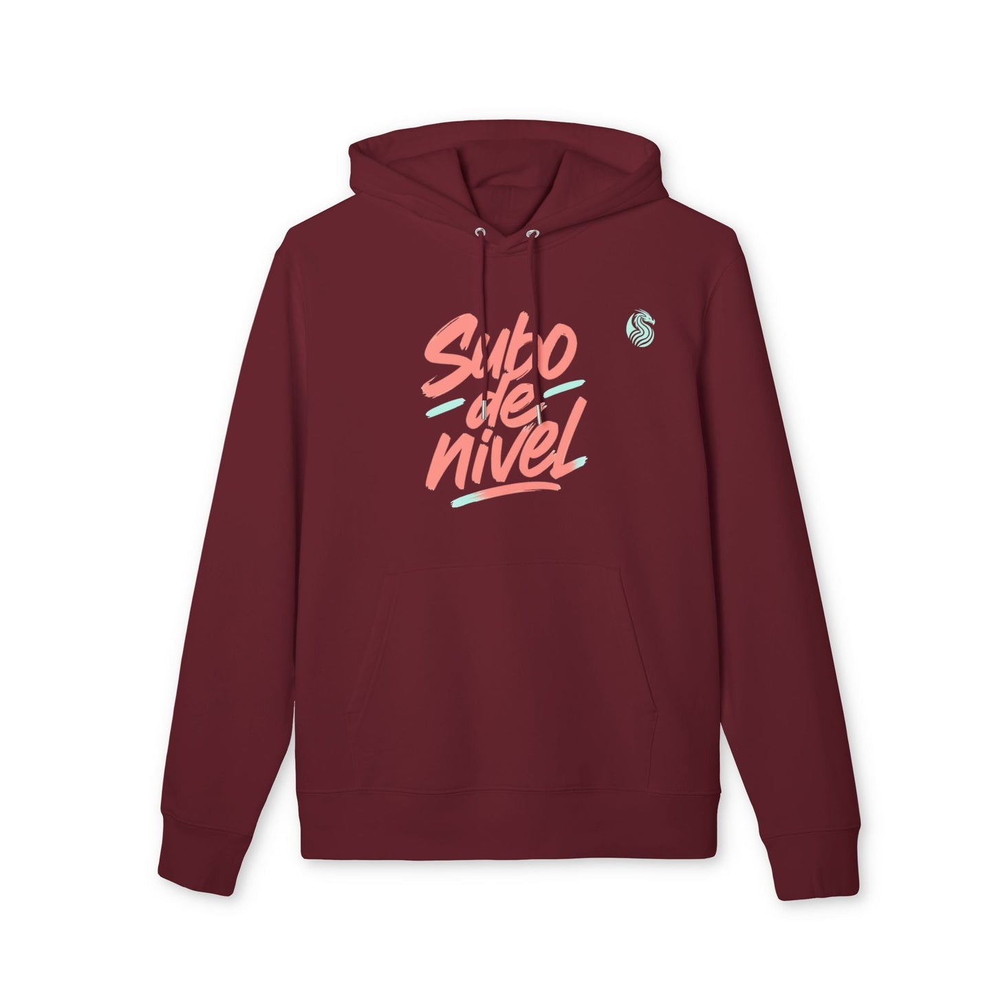 Subo Nivel Drix Premium Unisex Hoodie in burgundy organic cotton with “Subo de nivel” graphic front print