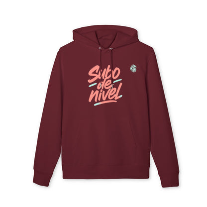 Subo Nivel Drix Premium Unisex Hoodie in burgundy organic cotton with “Subo de nivel” graphic front print