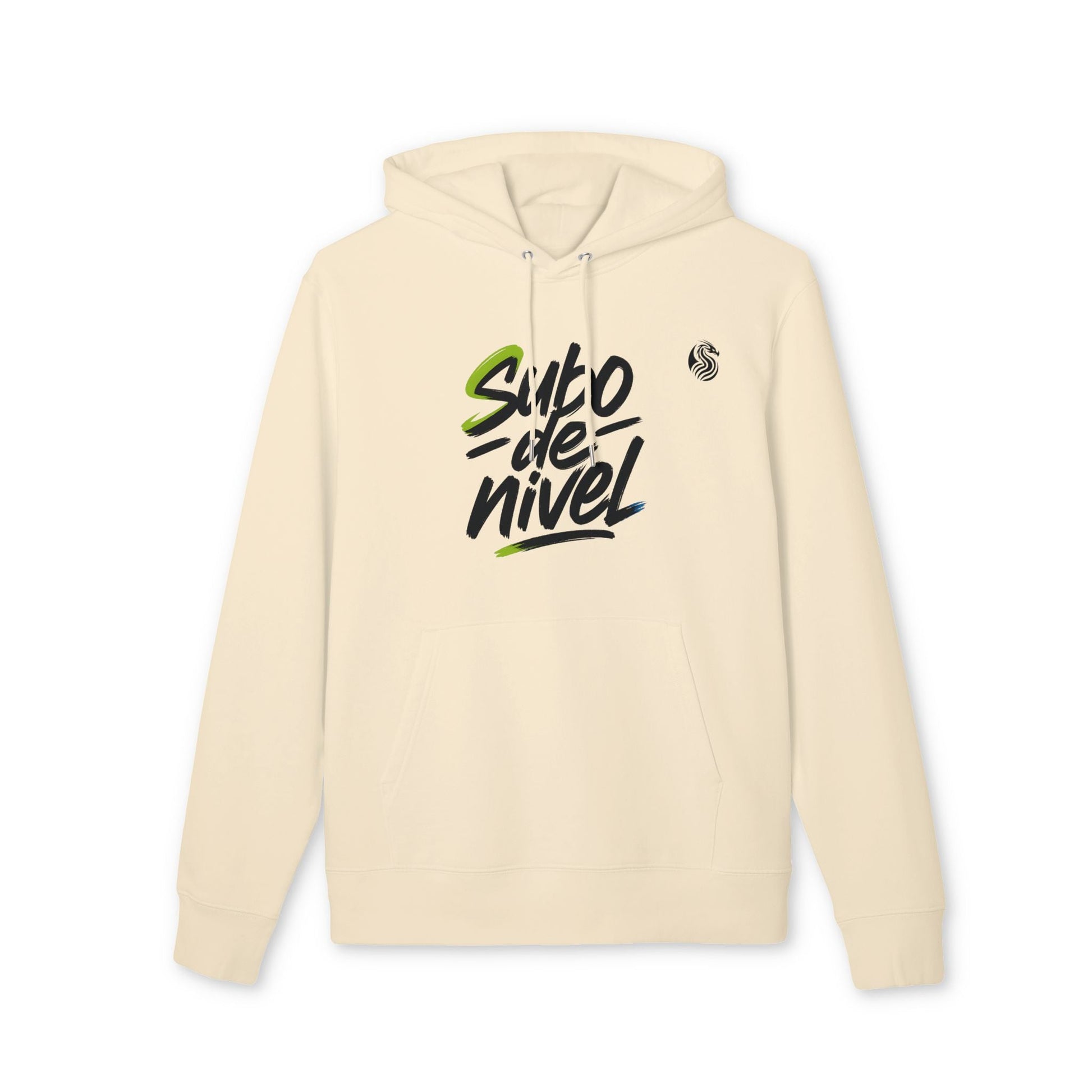 Alt Tag: Subo Nivel Drix Premium Unisex Hoodie en algodón orgánico color crema con capucha y cordones, estampado “subo de nivel” al frente