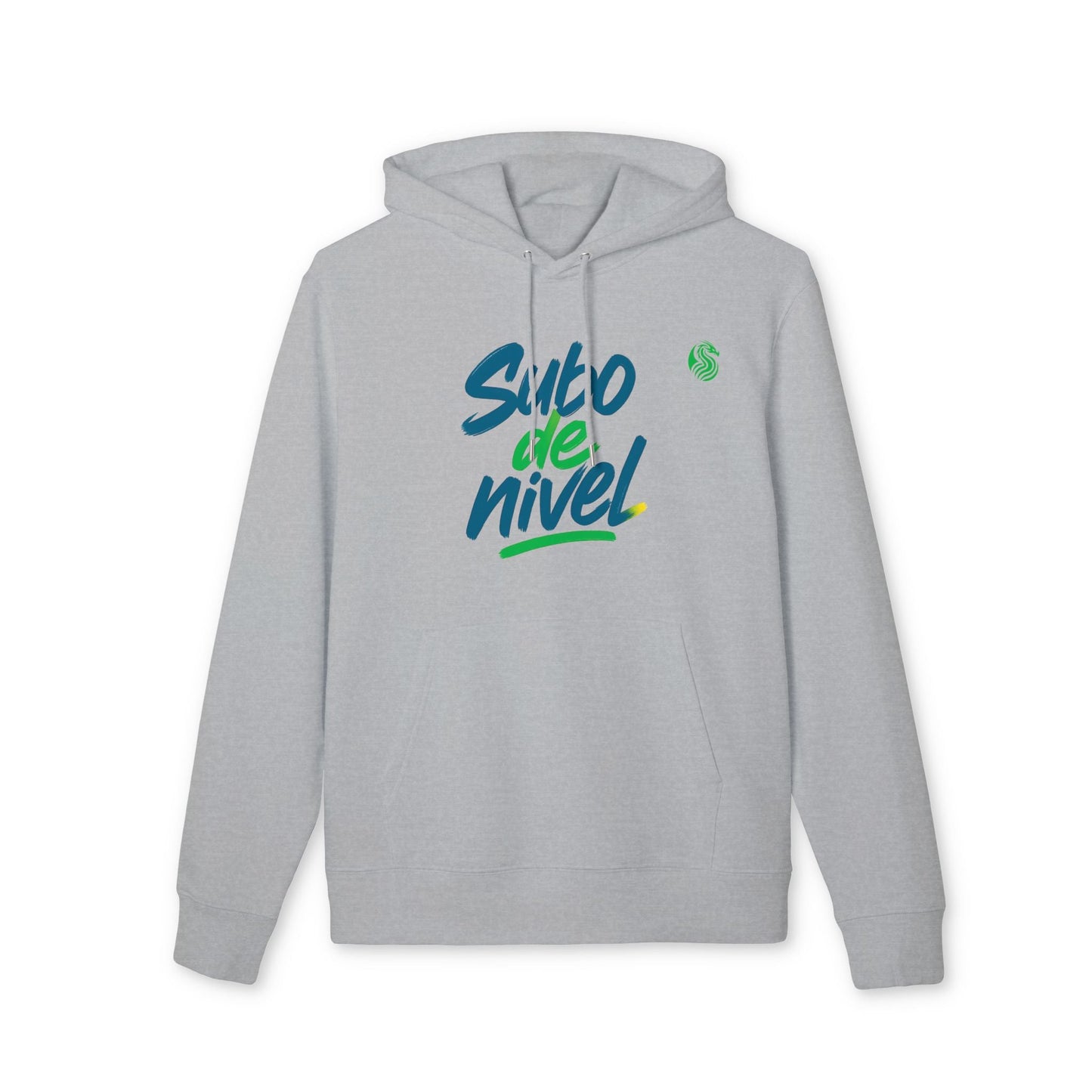 Subo Nivel Drix Premium Unisex Hoodie sudadera unisex gris con capucha, diseño "subo de nivel" en azul y verde, algodón orgánico
