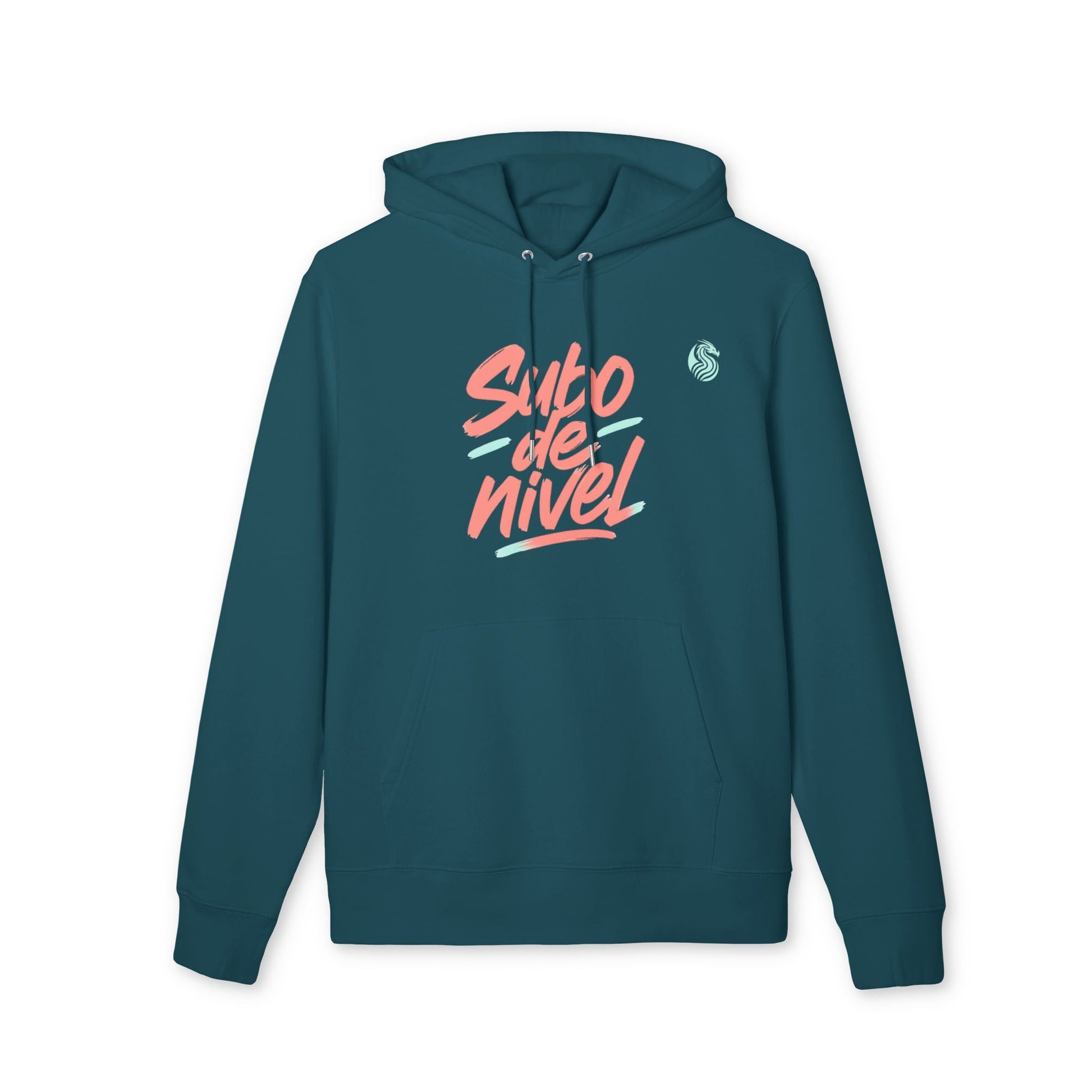 Subo Nivel Drix Premium Unisex Hoodie in teal organic cotton with hood and "Subo de nivel" graphic print on front