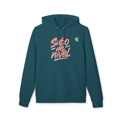 Subo Nivel Drix Premium Unisex Hoodie in teal organic cotton with hood and "Subo de nivel" graphic print on front