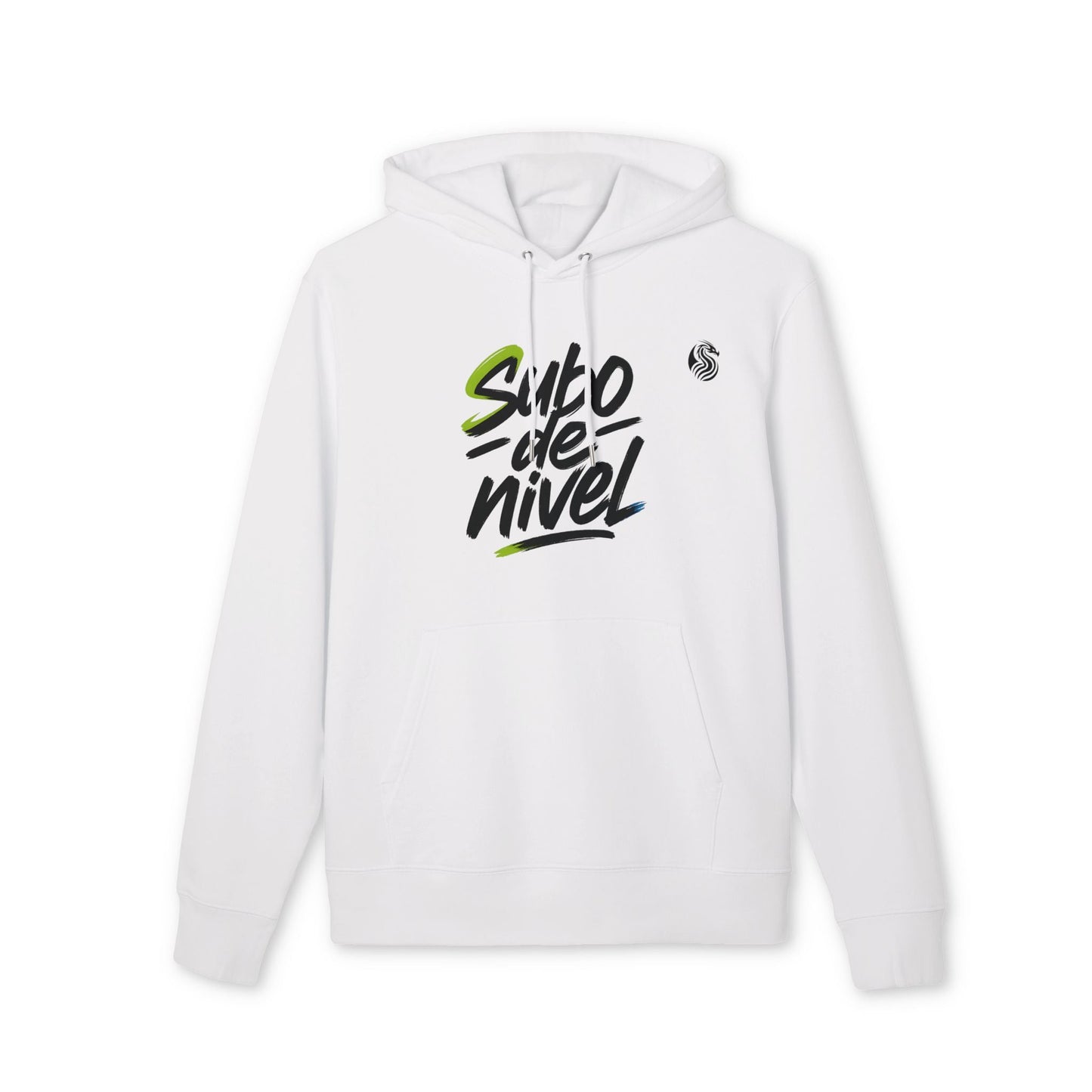 Alt Tag: Subo Nivel Drix Premium Unisex Hoodie blanca de algodón orgánico con capucha y cordones, diseño “Subo de Nivel” al frente