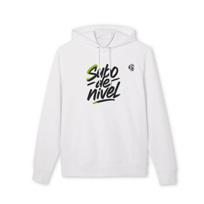 Alt Tag: Subo Nivel Drix Premium Unisex Hoodie blanca de algodón orgánico con capucha y cordones, diseño “Subo de Nivel” al frente