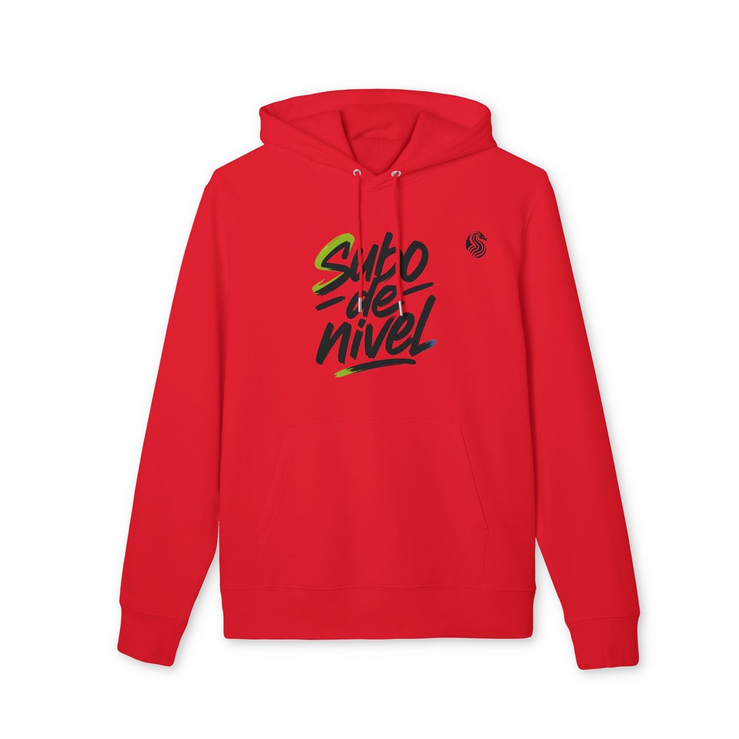 Subo Nivel Drix Premium Unisex Hoodie red organic cotton pullover with hood, front kangaroo pocket and "subo de nivel" graphic