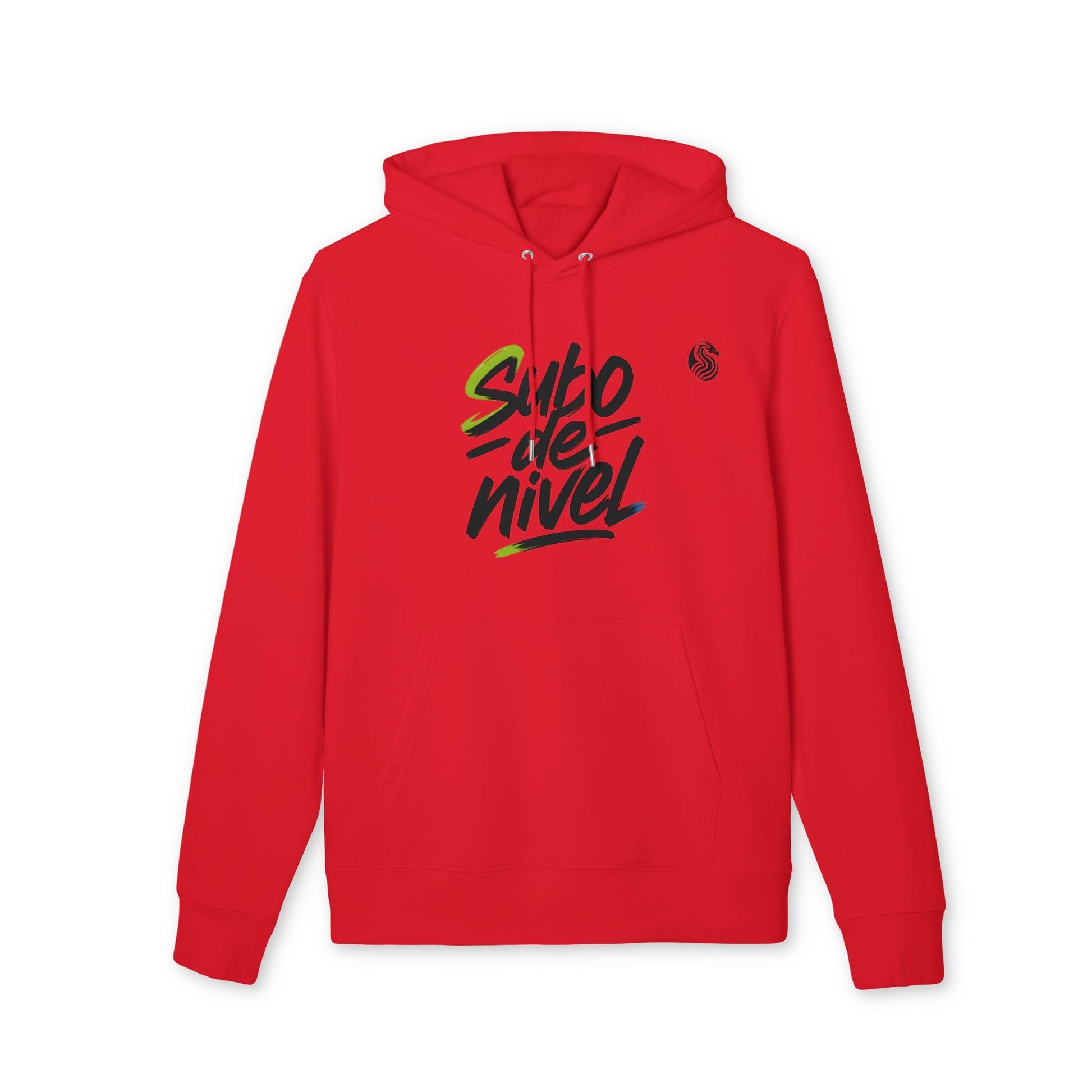 Subo Nivel Drix Premium Unisex Hoodie red organic cotton pullover with hood, front kangaroo pocket and "subo de nivel" graphic
