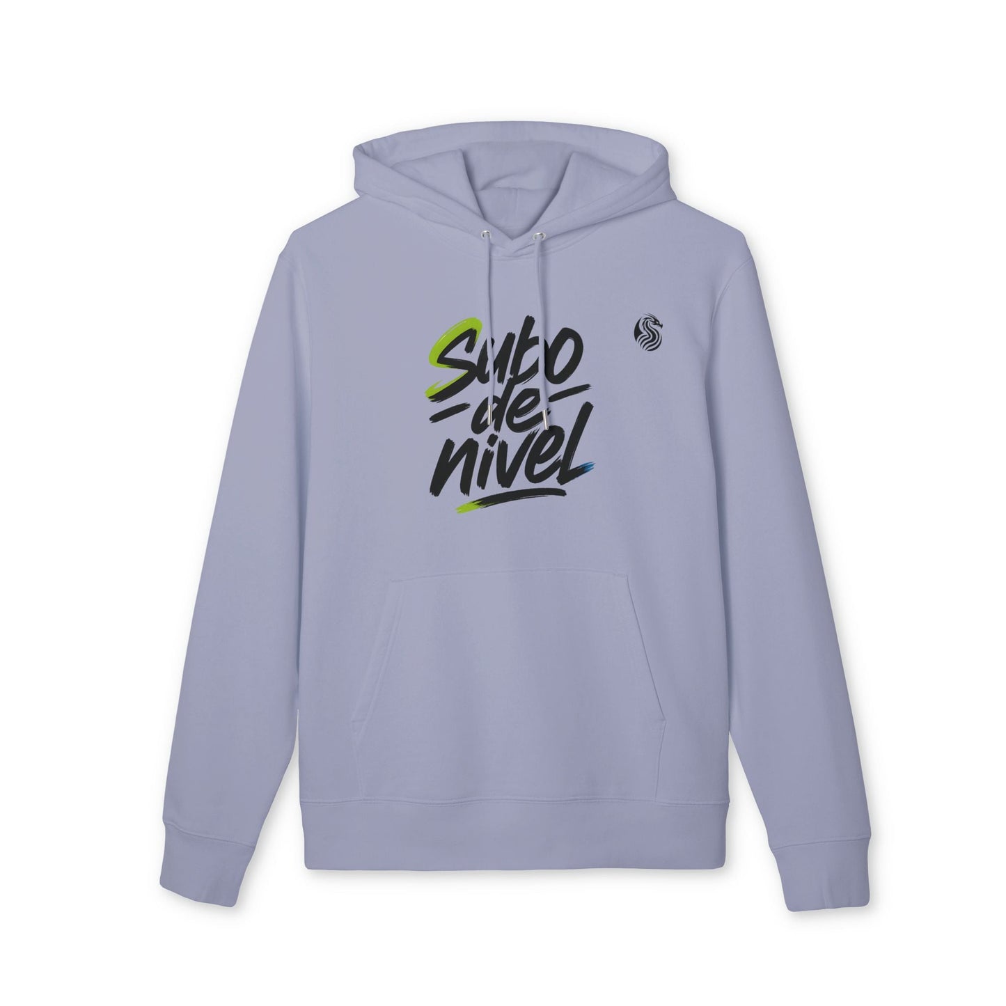 Alt Tag: Subo Nivel Drix Premium Unisex Hoodie color lavanda con capucha y bolsillo canguro, gráfico “Subo de nivel” al frente