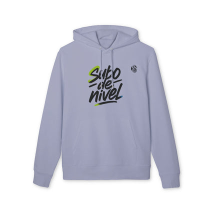 Alt Tag: Subo Nivel Drix Premium Unisex Hoodie color lavanda con capucha y bolsillo canguro, gráfico “Subo de nivel” al frente