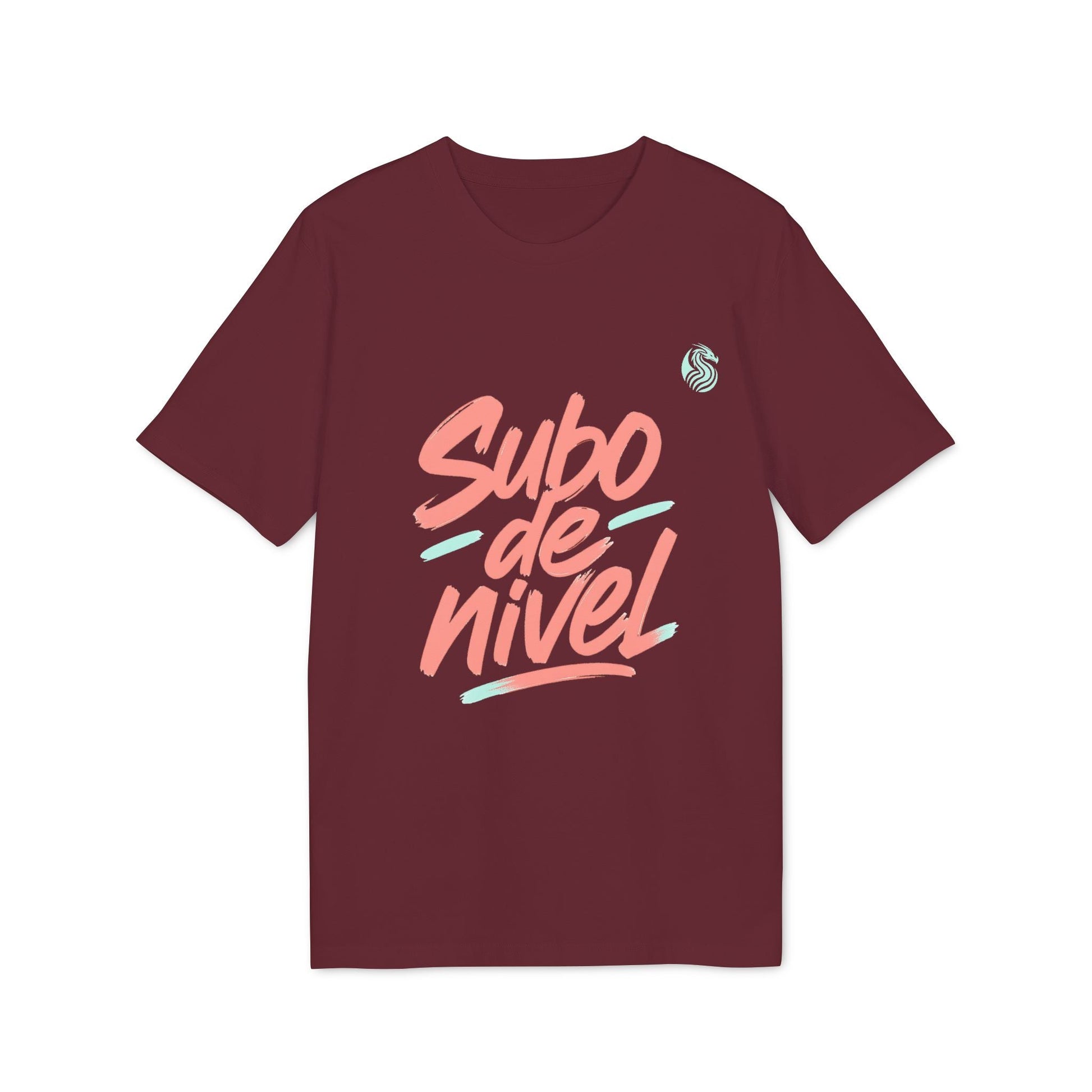 Camiseta Premium Unisex Subo Nivel Teenager Drix en color borgoña con gráfico tipográfico “Subo de nivel” al frente