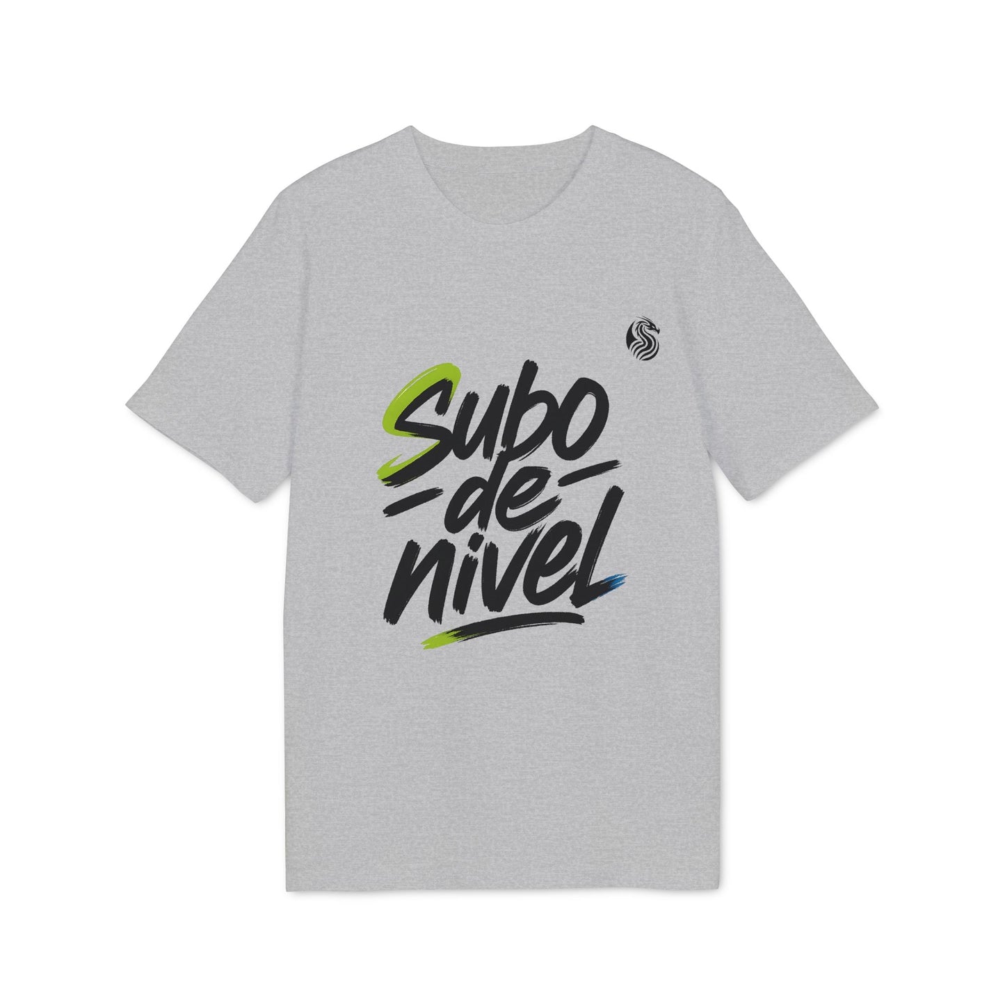 Alt Tag: Camiseta Premium Unisex Teenager Drix “Subo Nivel” gris con logo “subo de nivel” en el frente