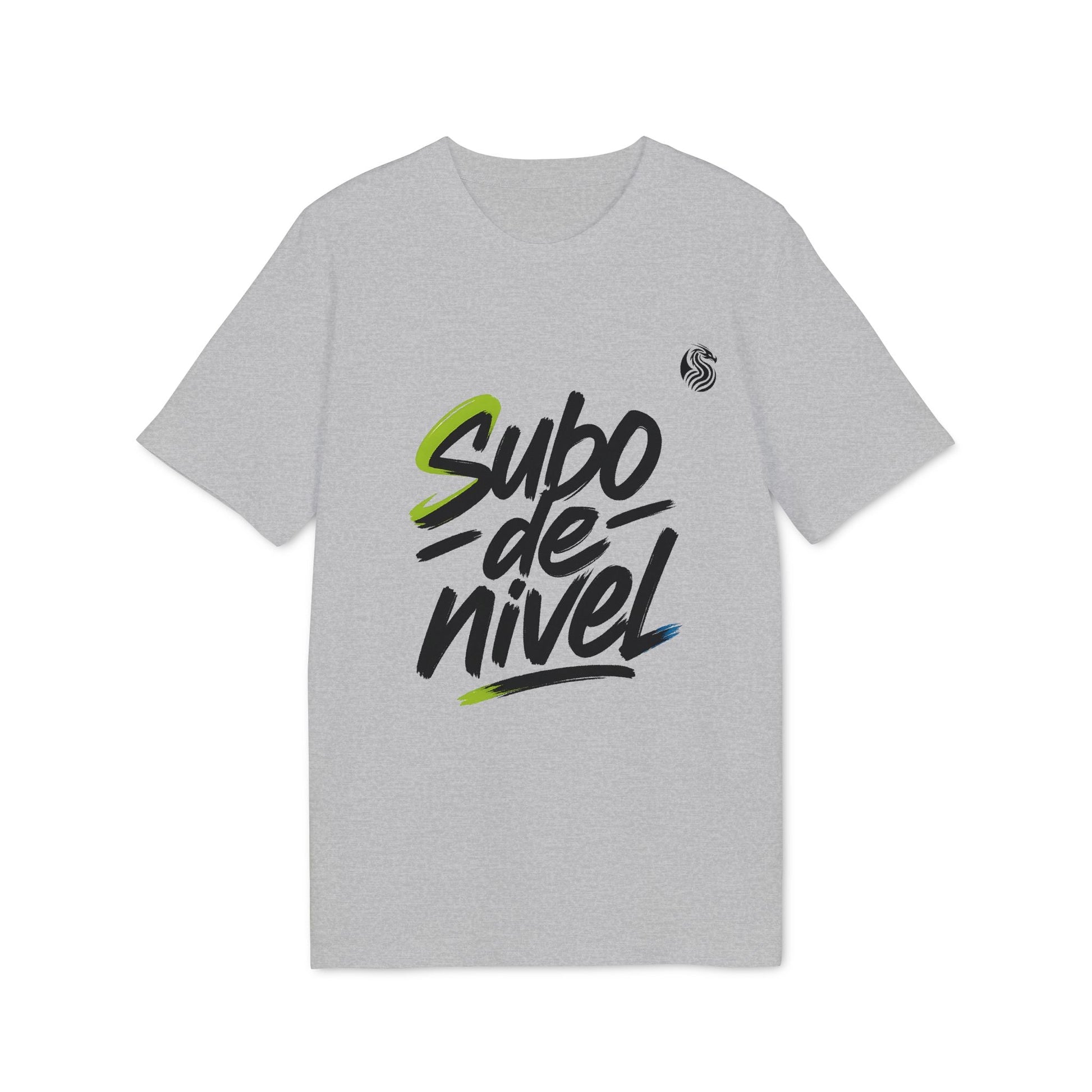 Alt Tag: Camiseta Premium Unisex Teenager Drix “Subo Nivel” gris con logo “subo de nivel” en el frente