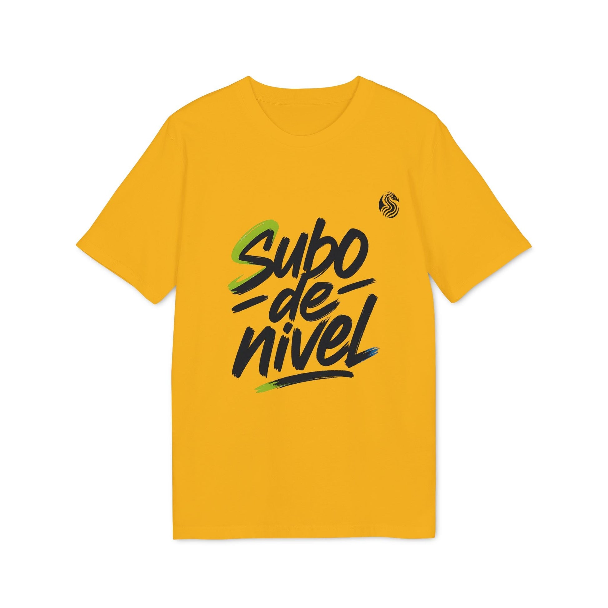 Camiseta Premium Unisex Teenager Drix Subo Nivel en color amarillo, camiseta unisex premium con el gráfico "subo de nivel" en el pecho