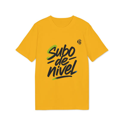 Camiseta Premium Unisex Teenager Drix Subo Nivel en color amarillo, camiseta unisex premium con el gráfico "subo de nivel" en el pecho