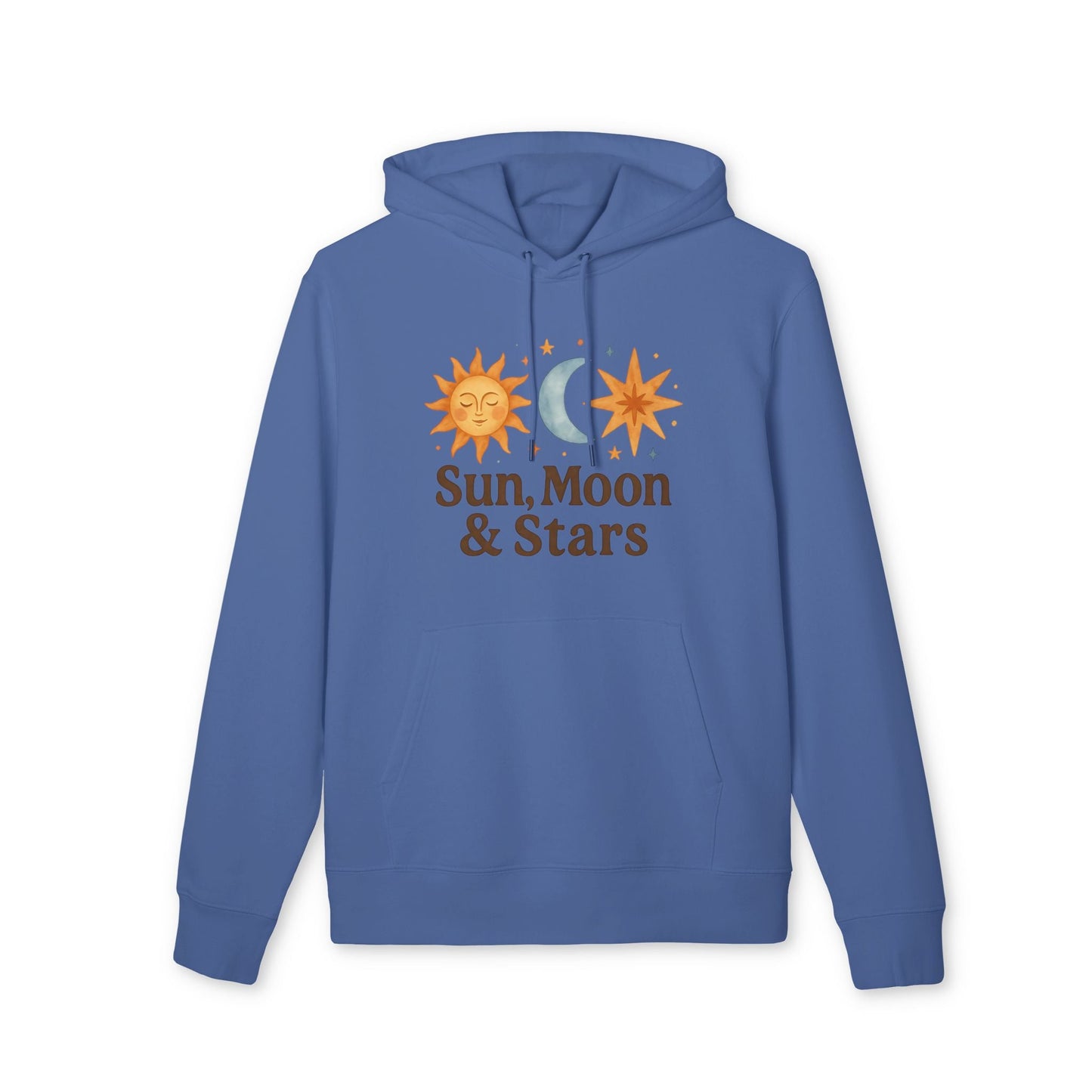 Sun Moon and Stars Waldorf Sustainable Unisex Hoodie azul con diseño celestial de sol, luna y estrella y texto “Sun, Moon & Stars”