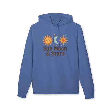 Sun Moon and Stars Waldorf Sustainable Unisex Hoodie azul con diseño celestial de sol, luna y estrella y texto “Sun, Moon & Stars”