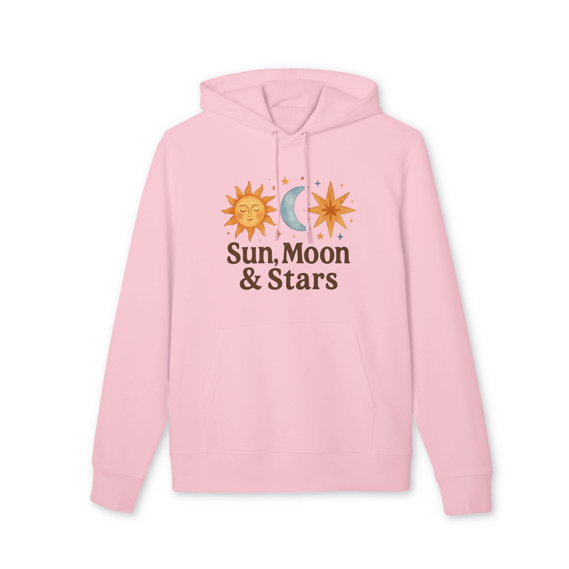 Sun Moon and Stars Waldorf Sustainable Unisex Hoodie pink organic cotton hoodie with sun moon and stars graphic and drawstring hood