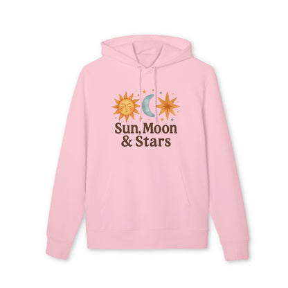 Sun Moon and Stars Waldorf Sustainable Unisex Hoodie pink organic cotton hoodie with sun moon and stars graphic and drawstring hood