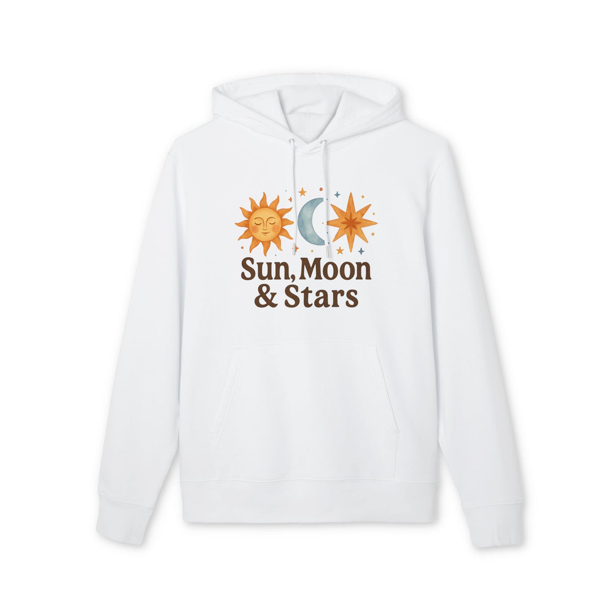 Alt Tag: Sun Moon and Stars Waldorf Sustainable Unisex Hoodie blanca de algodón orgánico con capucha y diseño celestial de sol, luna y estrellas