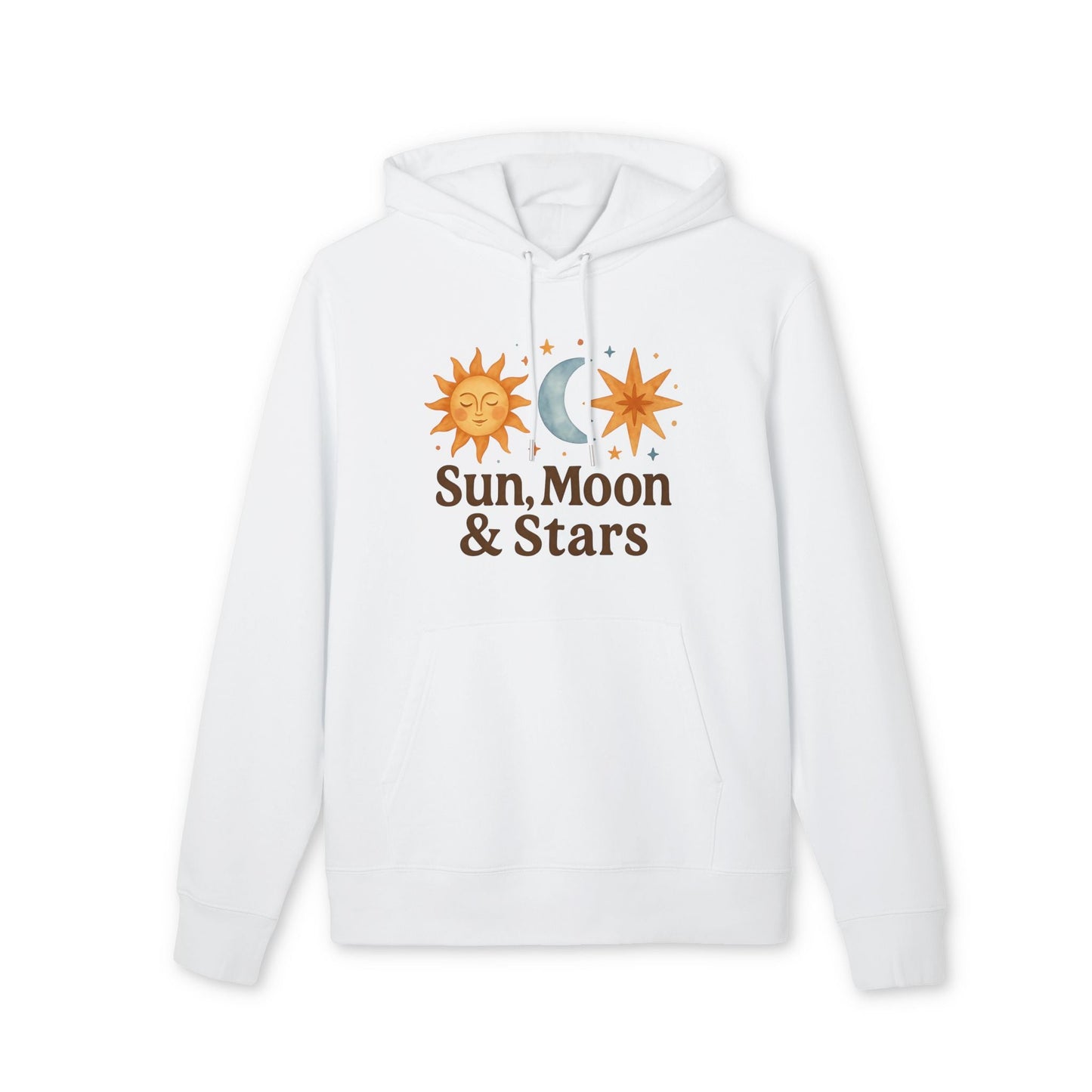 Alt Tag: Sun Moon and Stars Waldorf Sustainable Unisex Hoodie blanca de algodón orgánico con capucha y diseño celestial de sol, luna y estrellas