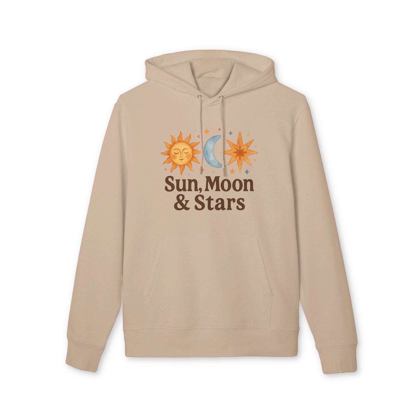 Alt Tag: Sun Moon and Stars Waldorf Sustainable Unisex Hoodie beige organic cotton pullover with hood, sun moon and stars graphic print