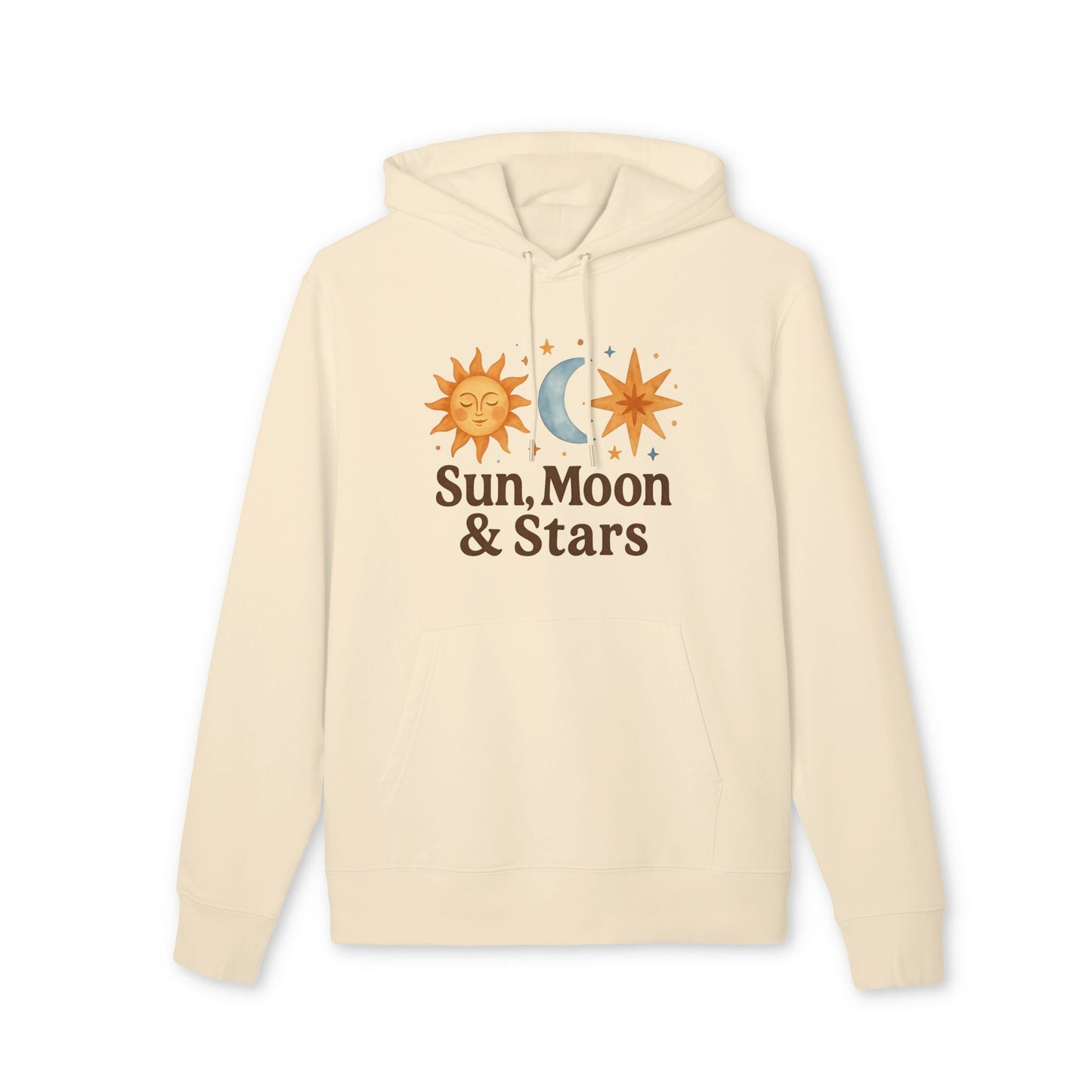 Alt Tag: Sun Moon and Stars Waldorf Sustainable Unisex Hoodie in cream with sun, moon and star graphic and “Sun, Moon & Stars” text