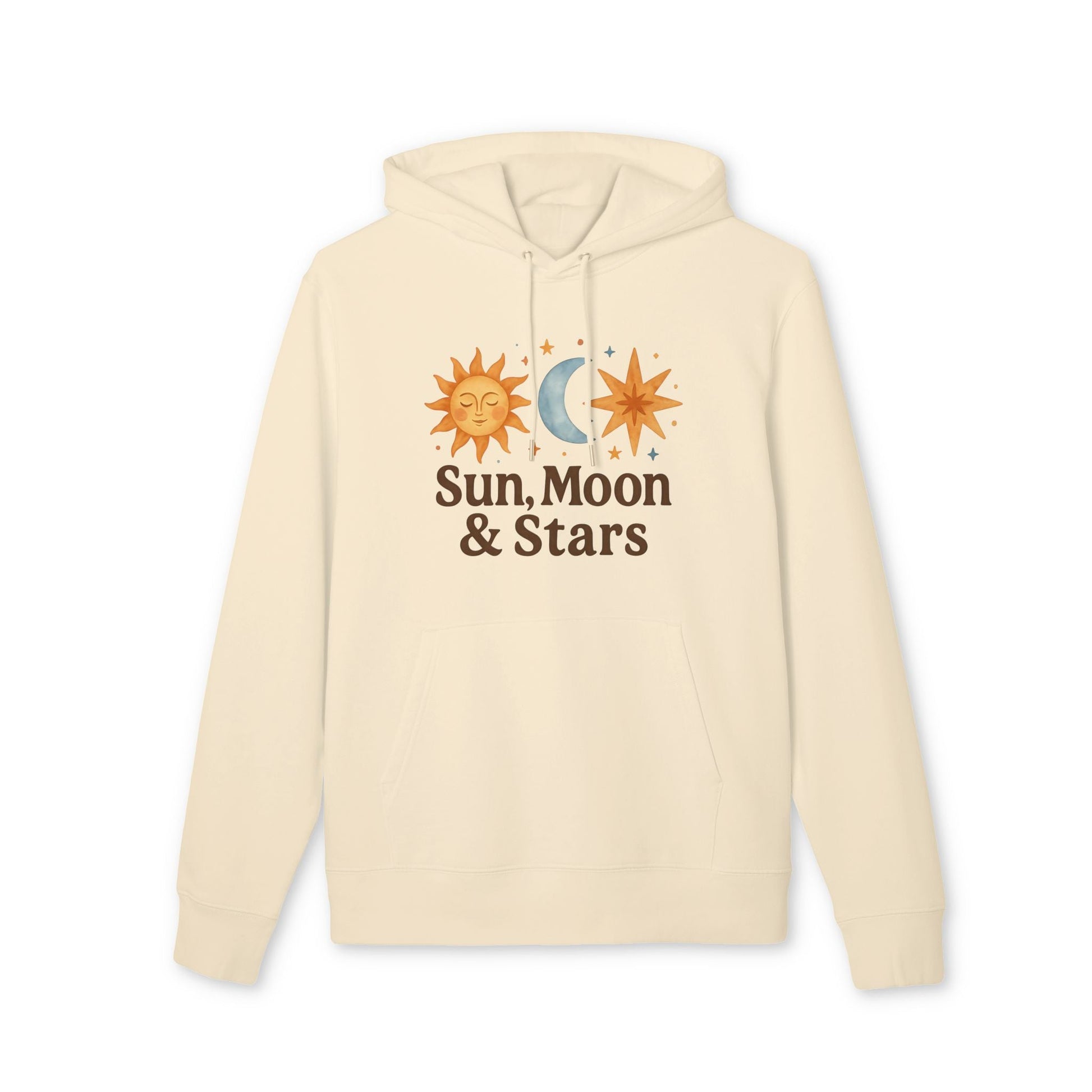 Alt Tag: Sun Moon and Stars Waldorf Sustainable Unisex Hoodie in cream with sun, moon and star graphic and “Sun, Moon & Stars” text