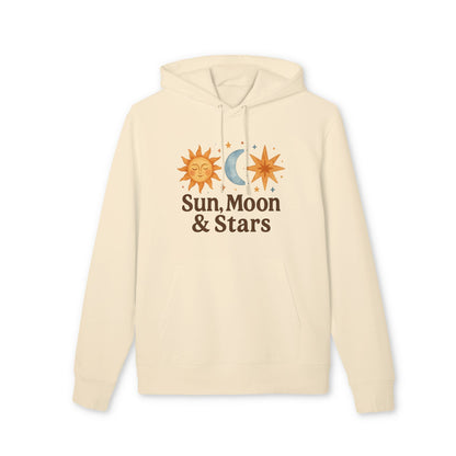 Alt Tag: Sun Moon and Stars Waldorf Sustainable Unisex Hoodie in cream with sun, moon and star graphic and “Sun, Moon & Stars” text