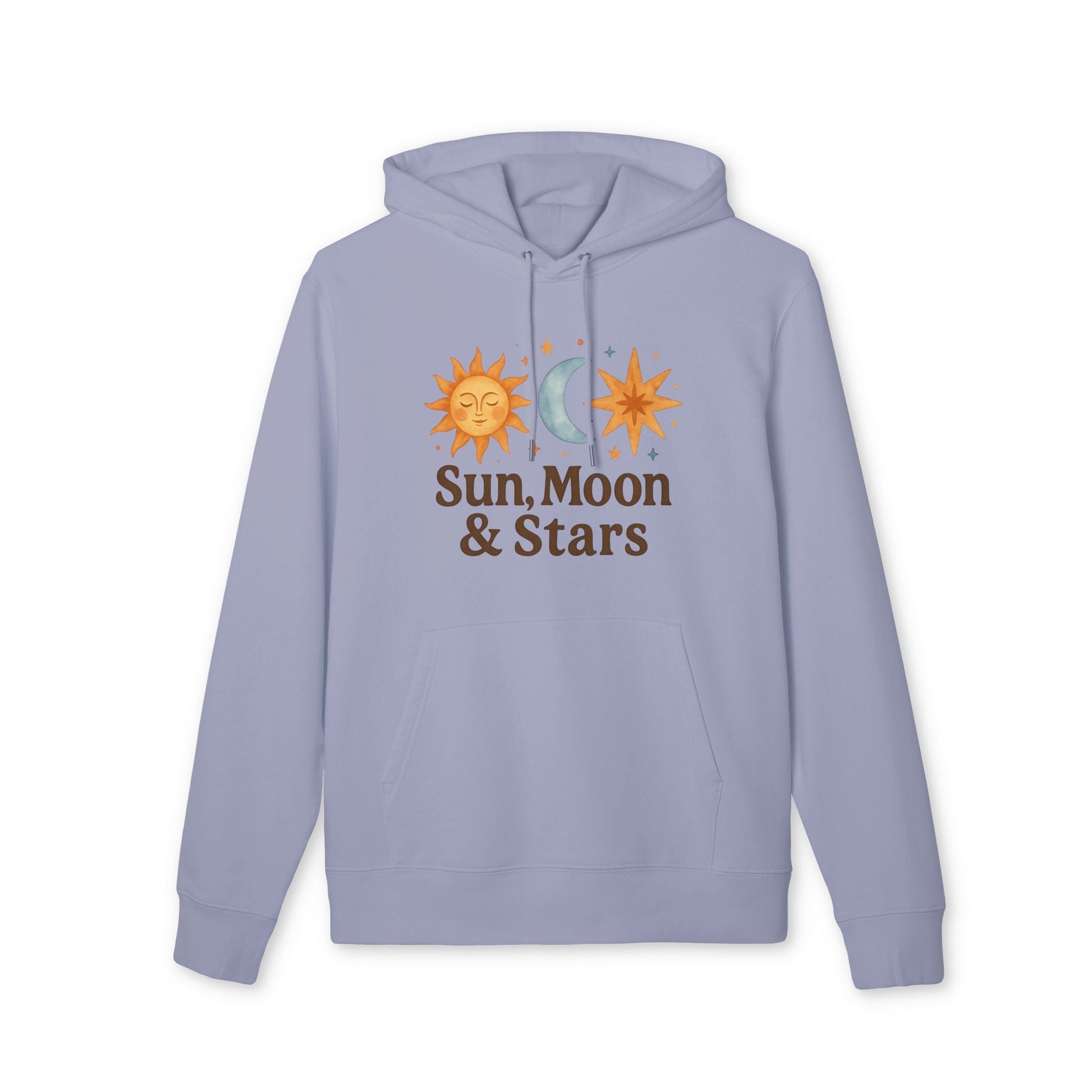 Sun Moon and Stars Waldorf Sustainable Unisex Hoodie in light lavender with sun moon and stars graphic and front pocket